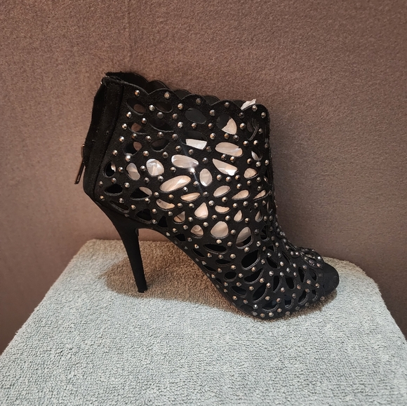 Macys Black High Heel Stappy Bootie with Zipper with Rhinestones - Picture 10 of 16